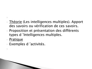 








Théorie (Les intelligences multiples). Apport
des savoirs ou vérification de ces savoirs.
Proposition et présentation des différents
types d ’Intelligences multiples.
Pratique
Exemples d ’activités.

 