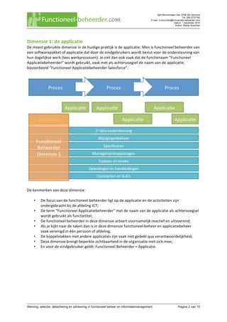 Sjef Remmenlaan 34a, 5706 DB Helmond
Tel. 085-2737183
E-mail. m.buurman@functioneel-beheerder.com
Datum. 1 december 2015
Auteur. Martijn Buurman
	
Werving, selectie, detachering en advisering in functioneel beheer en informatiemanagement Pagina 2 van 10	
Dimensie	1:	de	applicatie	
De	meest	gebruikte	dimensie	in	de	huidige	praktijk	is	de	applicatie.	Men	is	functioneel	beheerder	van	
een	softwarepakket	of	applicatie	dat	door	de	eindgebruikers	wordt	benut	voor	de	ondersteuning	van	
hun	dagelijkse	werk	(lees	werkprocessen).	Je	ziet	dan	ook	vaak	dat	de	functienaam	“Functioneel	
Applicatiebeheerder”	wordt	gebruikt,	vaak	met	als	achtervoegsel	de	naam	van	de	applicatie,	
bijvoorbeeld	“Functioneel	Applicatiebeheerder	Salesforce”.	
	
	
	
De	kenmerken	van	deze	dimensie:	
	
• De	focus	van	de	functioneel	beheerder	ligt	op	de	applicatie	en	de	activiteiten	zijn	
ondergebracht	bij	de	afdeling	ICT;	
• De	term	“Functioneel	Applicatiebeheerder”	met	de	naam	van	de	applicatie	als	achtervoegsel	
wordt	gebruikt	als	functietitel;	
• De	functioneel	beheerder	in	deze	dimensie	acteert	voornamelijk	reactief	en	uitvoerend;	
• Als	je	kijkt	naar	de	taken	dan	is	in	deze	dimensie	functioneel	beheer	en	applicatiebeheer	
vaak	verenigd	in	één	persoon	of	afdeling;	
• De	koppelvlakken	met	andere	applicaties	zijn	vaak	niet	gedekt	qua	verantwoordelijkheid;	
• Deze	dimensie	brengt	beperkte	zichtbaarheid	in	de	organisatie	met	zich	mee;	
• En	voor	de	eindgebruiker	geldt:	Functioneel	Beheerder	=	Applicatie.	
	 	
 