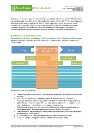 Sjef Remmenlaan 34a, 5706 DB Helmond
Tel. 085-2737183
E-mail. m.buurman@functioneel-beheerder.com
Datum. 1 december 2015
Auteur. Martijn Buurman
	
Werving, selectie, detachering en advisering in functioneel beheer en informatiemanagement Pagina 4 van 10	
	
Deze	dimensie	is	in	onze	ogen	zinvol	in	situaties	waarbij	de	betreffende	applicatie	niet	te	koppelen	is	
aan	een	bepaald	proces	of	specifieke	afdeling.	Denk	hierbij	aan	Microsoft	Office.	Dit	is	een	applicatie	
applicatie-platform	dat	gebruikt	wordt	door	de	gehele	organisatie,	van	de	secretaresse	tot	de	
managers	en	directeuren.	Toch	moet	ook	bij	Microsoft	Office	goed	functioneel	beheer	worden	
toegepast.	Met	name	het	beheer	van	sjablonen,	het	geven	van	trainingen	en	het	maken	en	
onderhouden	van	macro’s	zijn	typische	activiteiten	voor	een	“Functioneel	Beheerder	Office”.		
Dimensie	2:	het	business-proces	
De	tweede	dimensie	de	we	onderscheiden	is	het	business-proces.	Men	is	functioneel	beheerder	van	
een	specifieke	proces	als	Financiën	of	HR.	Hierbij	zijn	er	vaak	meerdere	applicaties	die	dit	proces	
ondersteunen.	
	
	
De	kenmerken	van	deze	dimensie:	
	
• De	focus	ligt	op	het	business-proces,	de	functioneel	beheerder	is	veelal	gepositioneerd	in	de	
business;	
• Vaak	zie	je	de	functietitel	“Functioneel	Beheerder”	met	de	naam	van	het	proces	of	
afdeling/discipline	als	achtervoegsel,	soms	wordt	de	term	“Informatiemanager”	gebruikt;	
• De	functioneel	beheerder	in	deze	dimensie	acteert	zowel	reactief	als	ook	proactief	en	is	in	
staat	mee	te	denken	met	tactische	en	strategische	vraagstukken;	
• Als	je	kijkt	naar	de	taken	dan	is	in	deze	dimensie	functioneel	beheer	en	applicatiebeheer	
duidelijk	gescheiden	waarbij	het	applicatiebeheer	niet	zelden	is	uitbesteed;	
• De	koppelvlakken	met	andere	applicaties	zijn	gedekt	qua	verantwoordelijkheid,	de	IV-keten	
is	een	belangrijk	aandachtspunt;	
• In	deze	dimensie	is	de	functioneel	beheerder	zeer	zichtbaar	in	de	organisatie;	
• En	voor	de	eindgebruiker	geldt:	Functioneel	Beheerder	=	Business	Proces.	
	
 