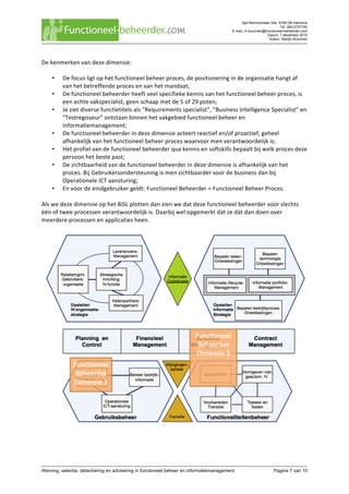 Sjef Remmenlaan 34a, 5706 DB Helmond
Tel. 085-2737183
E-mail. m.buurman@functioneel-beheerder.com
Datum. 1 december 2015
Auteur. Martijn Buurman
	
Werving, selectie, detachering en advisering in functioneel beheer en informatiemanagement Pagina 7 van 10	
De	kenmerken	van	deze	dimensie:	
	
• De	focus	ligt	op	het	functioneel	beheer	proces,	de	positionering	in	de	organisatie	hangt	af	
van	het	betreffende	proces	en	van	het	mandaat;	
• De	functioneel	beheerder	heeft	veel	specifieke	kennis	van	het	functioneel	beheer	proces,	is	
een	echte	vakspecialist,	geen	schaap	met	de	5	of	29	poten;	
• Je	ziet	diverse	functietitels	als	“Requirements	specialist”,	“Business	Intelligence	Specialist”	en	
“Testregisseur”	ontstaan	binnen	het	vakgebied	functioneel	beheer	en	
informatiemanagement;	
• De	functioneel	beheerder	in	deze	dimensie	acteert	reactief	en/of	proactief,	geheel	
afhankelijk	van	het	functioneel	beheer	proces	waarvoor	men	verantwoordelijk	is;	
• Het	profiel	van	de	functioneel	beheerder	qua	kennis	en	softskills	bepaalt	bij	welk	proces	deze	
persoon	het	beste	past;	
• De	zichtbaarheid	van	de	functioneel	beheerder	in	deze	dimensie	is	afhankelijk	van	het	
proces.	Bij	Gebruikersondersteuning	is	men	zichtbaarder	voor	de	business	dan	bij	
Operationele	ICT	aansturing;	
• En	voor	de	eindgebruiker	geldt:	Functioneel	Beheerder	=	Functioneel	Beheer	Proces.	
	
Als	we	deze	dimensie	op	het	BiSL	plotten	dan	zien	we	dat	deze	functioneel	beheerder	voor	slechts	
één	of	twee	processen	verantwoordelijk	is.	Daarbij	wel	opgemerkt	dat	ze	dat	dan	doen	over	
meerdere	processen	en	applicaties	heen.	
	
	
	
 