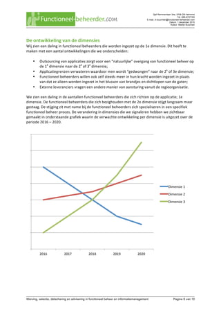Sjef Remmenlaan 34a, 5706 DB Helmond
Tel. 085-2737183
E-mail. m.buurman@functioneel-beheerder.com
Datum. 1 december 2015
Auteur. Martijn Buurman
	
Werving, selectie, detachering en advisering in functioneel beheer en informatiemanagement Pagina 9 van 10	
De	ontwikkeling	van	de	dimensies	
Wij	zien	een	daling	in	functioneel	beheerders	die	worden	ingezet	op	de	1e	dimensie.	Dit	heeft	te	
maken	met	een	aantal	ontwikkelingen	die	we	onderscheiden:	
	
• Outsourcing	van	applicaties	zorgt	voor	een	“natuurlijke”	overgang	van	functioneel	beheer	op	
de	1e
	dimensie	naar	de	2e
	of	3e
	dimensie;	
• Applicatiegrenzen	verwateren	waardoor	men	wordt	“gedwongen”	naar	de	2e
	of	3e	dimensie;	
• Functioneel	beheerders	willen	ook	zelf	steeds	meer	in	hun	kracht	worden	ingezet	in	plaats	
van	dat	ze	alleen	worden	ingezet	in	het	blussen	van	brandjes	en	dichtlopen	van	de	gaten;	
• Externe	leveranciers	vragen	een	andere	manier	van	aansturing	vanuit	de	regieorganisatie.	
	
We	zien	een	daling	in	de	aantallen	functioneel	beheerders	die	zich	richten	op	de	applicatie;	1e	
dimensie.	De	functioneel	beheerders	die	zich	bezighouden	met	de	2e	dimensie	stijgt	langzaam	maar	
gestaag.	De	stijging	zit	met	name	bij	de	functioneel	beheerders	zich	specialiseren	in	een	specifiek	
functioneel	beheer	proces.	De	verandering	in	dimensies	die	we	signaleren	hebben	we	zichtbaar	
gemaakt	in	onderstaande	grafiek	waarin	de	verwachte	ontwikkeling	per	dimensie	is	uitgezet	over	de	
periode	2016	–	2020.	
	
	
	 	
2016	 2017	 2018	 2019	 2020	
Dimensie	1	
Dimensie	2	
Dimensie	3	
 