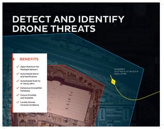 4	 Total Airspace Security
DETECT AND IDENTIFY
DRONE THREATS
Open Platform for
Multiple Sensors
Automated Alarm
and Notifi...