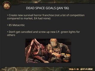 DEAD SPACE GOALS (JAN ‘06)
• Create new survival horror franchise (not a lot of competition
compared to market, EA had none)
• 85 Metacritic
• Don’t get cancelled and screw up new I.P. green lights for
others
 