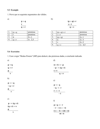 5.3 Exemplo
1. Prove que os seguintes argumentos são válidos.
a)
rq
r
qp
∧
∧
1. p ∧ q premissa
2. r premissa
3. q E∧ 1
4. q ∧ r I∧ 2,3
b)
sq
ts
rq)p
∧
∧
∧∧(
1. (p ∧ q) ∧ r premissa
2. s ∧ t premissa
3. (p ∧ q) E∧ 1
4. q E∧ 3
5. s E∧ 2
6. q ∧ s I∧ 4,5
5.4 Exercícios
1. Usar a regra "Modus Ponens" (MP) para deduzir, das premissas dadas, a conclusão indicada.
a)
r
p
rq
qp
→
→
b)
r
p
rq~
q~p
→
→
c)
s
p
sr)(q
r)(qp
→∧
∧→
d)
rq
ts
r)(qp
pt)(s
∨
∨
∨→
→∨
~
~
e)
t
tr
rq
qp
~
~
~
~
→
→
→
f)
nm
n)(mt)s(
t)s(r
rqp
∨
∨→∧
∧→
→∨
~
~~
~
 