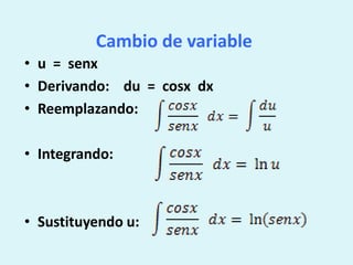 Cambio de variableu  =  senxDerivando:    du  =  cosxdxReemplazando:Integrando: Sustituyendo u: 