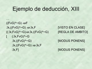 Ejemplo de deducción, XIII
…
((FvG)^~G) ⇒ F
∃x,((FvG)^~G) ⇒∃x,F
((∃x,FvG)^~G)⇒∃x,((FvG)^~G)
[
(∃x,FvG)^~G
∃x,((FvG)^~G)
∃x,((FvG)^~G) ⇒∃x,F
∃x,F]

[VISTO EN CLASE]
[REGLA DE AMBITO]
[MODUS PONENS]
[MODUS PONENS]

 