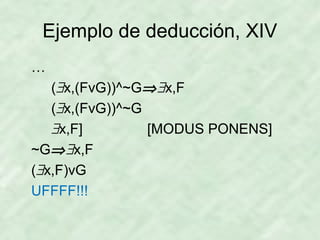 Ejemplo de deducción, XIV
…
(∃x,(FvG))^~G⇒∃x,F
(∃x,(FvG))^~G
∃x,F]
[MODUS PONENS]
~G⇒∃x,F
(∃x,F)vG
UFFFF!!!

 