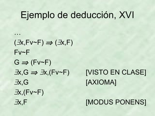 Ejemplo de deducción, XVI
…
(∃x,Fv~F) ⇒ (∃x,F)
Fv~F
G ⇒ (Fv~F)
∃x,G ⇒ ∃x,(Fv~F)
∃x,G
∃x,(Fv~F)
∃x,F

[VISTO EN CLASE]
[AXIOMA]
[MODUS PONENS]

 