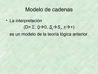 Modelo de cadenas
• La interpretación
(D= Σ*, 00, SσSσ, ++)
es un modelo de la teoría lógica anterior.

 