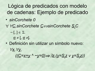 Lógica de predicados con modelo
de cadenas: Ejemplo de predicado
• sinCorchete 0
∀ ∀C,sinCorchete C⇔sinCorchete SσC
– [, ] ∈ Σ.
σ ≠ [, σ ≠].

• Definición sin utilizar un símbolo nuevo:
∀x,∀y,
((C=x+y ^ ~y=0)⇒∃z,(y=Saz v y=Sbz))

 
