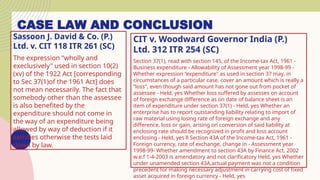 CASE LAW AND CONCLUSION
Sassoon J. David & Co. (P.)
Ltd. v. CIT 118 ITR 261 (SC)
The expression “wholly and
execlusively" used in section 10(2)
(xv) of the 1922 Act [corresponding
to Sec 37(1)of the 1961 Act] does
not mean necessarily. The fact that
somebody other than the assessee
is also benefited by the
expenditure should not come in
the way of an expenditure being
allowed by way of deduction if it
satisfies otherwise the tests laid
down by law.
CIT v. Woodward Governor India (P.)
Ltd. 312 ITR 254 (SC)
Section 37(1), read with section 145, of the Income-tax Act, 1961 -
Business expenditure - Allowability of Assessment year 1998-99 -
Whether expression “expenditure" as used in section 37 may, in
circumstances of a particular case, cover an amount which is really a
“loss", even though said amount has not gone out from pocket of
assessee - Held, yes Whether loss suffered by assesses on account
of foreign exchange difference as on date of balance sheet is an
item of expenditure under section 37(1) - Held, yes Whether an
enterprise has to report outstanding liability relating to import of
raw material using losing rate of foreign exchange and any
difference, loss or gain, arising on conversion of said liability at
enclosing rate should be recognized in profit and loss account
enclosing - Held, yes ll Section 43A of the Income-tax Act, 1961 -
Foreign currency, rate of exchange, change in - Assessment year
1998-99- Whether amendment to section 43A by Finance Act, 2002
w.e.f 1-4-2003 is amendatory and not clarificatory Held, yes Whether
under unamended section 43A,actual payment was not a condition
precedent for making necessary adjustment in carrying cost of fixed
asset acquired in foreign currency ⁃ Held, yes
 