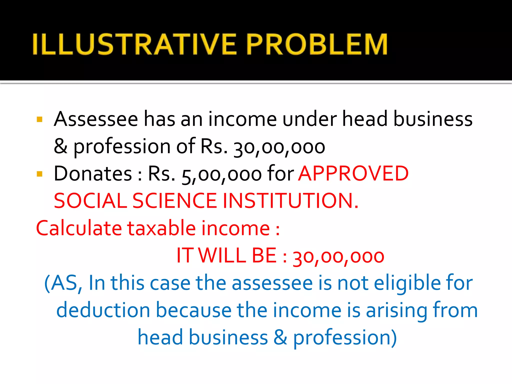  Assessee has an income under head business
& profession of Rs. 30,00,000
 Donates : Rs. 5,00,000 forAPPROVED
SOCIAL SCIENCE INSTITUTION.
Calculate taxable income :
ITWILL BE : 30,00,000
(AS, In this case the assessee is not eligible for
deduction because the income is arising from
head business & profession)
 