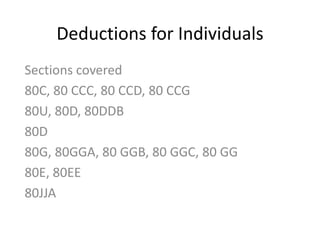 Deductions for Individuals
Sections covered
80C, 80 CCC, 80 CCD, 80 CCG
80U, 80D, 80DDB
80D
80G, 80GGA, 80 GGB, 80 GGC, 80 GG
80E, 80EE
80JJA
 