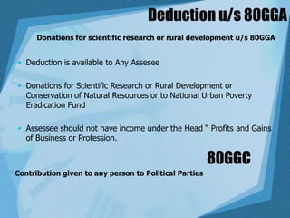 Deduction u/s 80GGA
Donations for scientific research or rural development u/s 80GGA
 Deduction is available to Any Assesee
 Donations for Scientific Research or Rural Development or
Conservation of Natural Resources or to National Urban Poverty
Eradication Fund
 Assessee should not have income under the Head “ Profits and Gains
of Business or Profession.
80GGC
Contribution given to any person to Political Parties
 