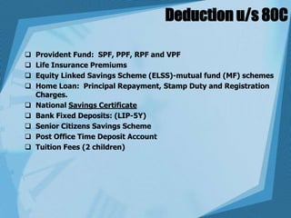 Deduction u/s 80C
 Provident Fund: SPF, PPF, RPF and VPF
 Life Insurance Premiums
 Equity Linked Savings Scheme (ELSS)-mutual fund (MF) schemes
 Home Loan: Principal Repayment, Stamp Duty and Registration
Charges.
 National Savings Certificate
 Bank Fixed Deposits: (LIP-5Y)
 Senior Citizens Savings Scheme
 Post Office Time Deposit Account
 Tuition Fees (2 children)
 
