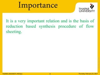 Copyright2013-2014
It is a very important relation and is the basis of
reduction based synthesis procedure of flow
sheeting.
Thursday, February 23, 2017THAPAR UNIVERSITY, PATIALA 8
Importance
 