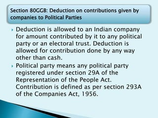 Section 80GGB: Deduction on contributions given by
companies to Political Parties
 Deduction is allowed to an Indian company
for amount contributed by it to any political
party or an electoral trust. Deduction is
allowed for contribution done by any way
other than cash.
 Political party means any political party
registered under section 29A of the
Representation of the People Act.
Contribution is defined as per section 293A
of the Companies Act, 1956.
 