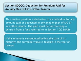 This section provides a deduction to an Individual for any
amount paid or deposited in any annuity plan of LIC or
any other insurer. The plan must be for receiving a
pension from a fund referred to in Section 10(23AAB).
If the annuity is surrendered before the date of its
maturity, the surrender value is taxable in the year of
receipt.
Section 80CCC: Deduction for Premium Paid for
Annuity Plan of LIC or Other Insurer
 