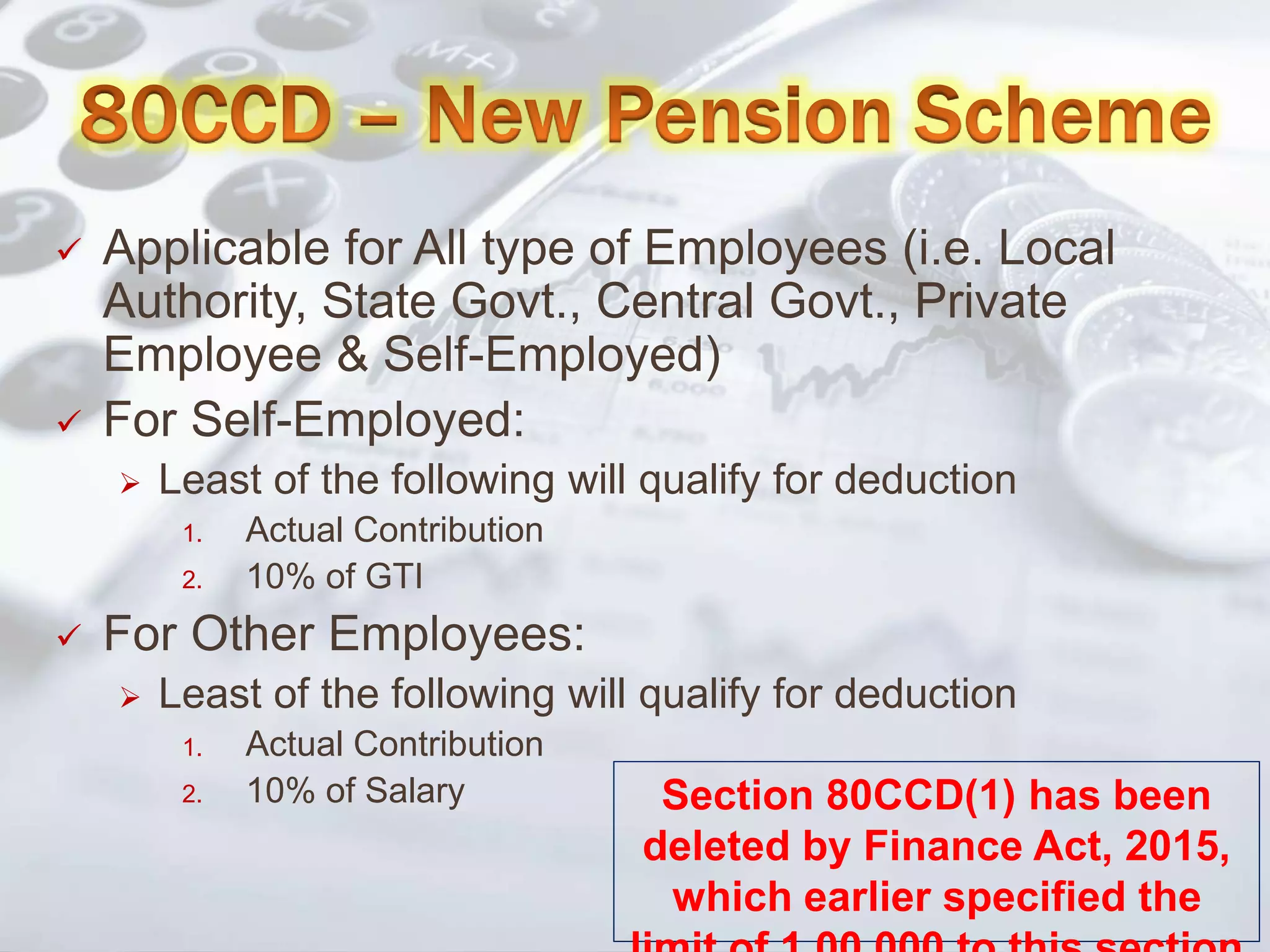  Applicable for All type of Employees (i.e. Local
Authority, State Govt., Central Govt., Private
Employee & Self-Employed)
 For Self-Employed:
 Least of the following will qualify for deduction
1. Actual Contribution
2. 10% of GTI
 For Other Employees:
 Least of the following will qualify for deduction
1. Actual Contribution
2. 10% of Salary Section 80CCD(1) has been
deleted by Finance Act, 2015,
which earlier specified the
 