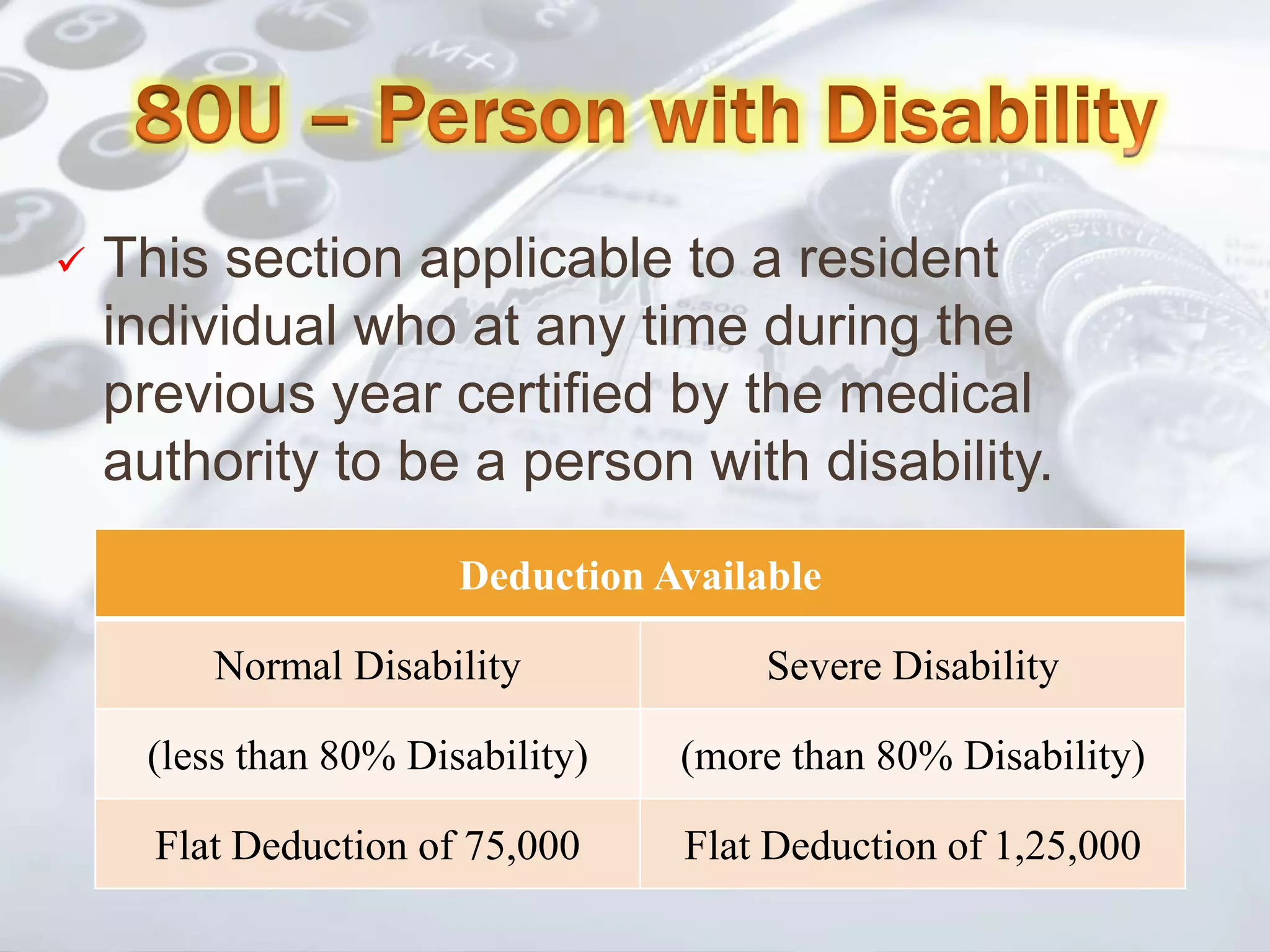  This section applicable to a resident
individual who at any time during the
previous year certified by the medical
authority to be a person with disability.
Deduction Available
Normal Disability Severe Disability
(less than 80% Disability) (more than 80% Disability)
Flat Deduction of 75,000 Flat Deduction of 1,25,000
 