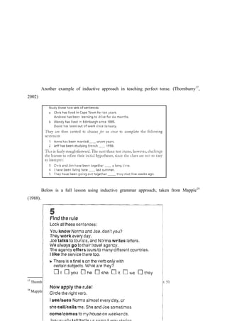 Another example of inductive approach in teaching perfect tense. (Thornburry17,
2002)

Below is a full lesson using inductive grammar approach, taken from Mapple18
(1988).

17

18

Thornbury, S.. How to Teach Grammar 5th Edition. Essex: Pearson Education. 2002, p. 51
Mapple, R. New Wave 1, London: Logman, 1988

 