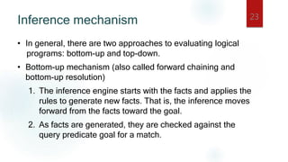 Inference mechanism 23
• In general, there are two approaches to evaluating logical
programs: bottom-up and top-down.
• Bottom-up mechanism (also called forward chaining and
bottom-up resolution)
1. The inference engine starts with the facts and applies the
rules to generate new facts. That is, the inference moves
forward from the facts toward the goal.
2. As facts are generated, they are checked against the
query predicate goal for a match.
 
