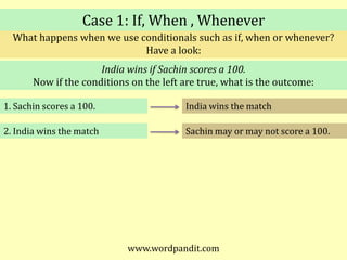 Case 1: If, When , WheneverWhat happens when we use conditionals such as if, when or whenever?Have a look:India wins if Sachin scores a 100.Now if the conditions on the left are true, what is the outcome: India wins the match1. Sachin scores a 100.Sachin may or may not score a 100.2. India wins the matchwww.wordpandit.com