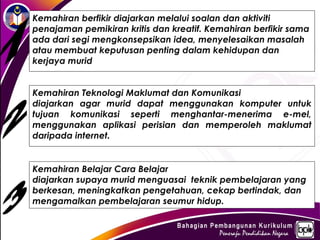 Kemahiran berfikir diajarkan melalui soalan dan aktiviti
penajaman pemikiran kritis dan kreatif. Kemahiran berfikir sama
ada dari segi mengkonsepsikan idea, menyelesaikan masalah
atau membuat keputusan penting dalam kehidupan dan
kerjaya murid.


Kemahiran Teknologi Maklumat dan Komunikasi
diajarkan agar murid dapat menggunakan komputer untuk
tujuan komunikasi seperti menghantar-menerima e-mel,
menggunakan aplikasi perisian dan memperoleh maklumat
daripada internet.


Kemahiran Belajar Cara Belajar
diajarkan supaya murid menguasai teknik pembelajaran yang
berkesan, meningkatkan pengetahuan, cekap bertindak, dan
mengamalkan pembelajaran seumur hidup.
 