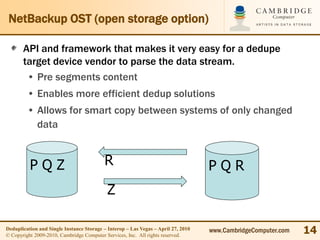 NetBackup OST (open storage option)

       API and framework that makes it very easy for a dedupe
       target device vendor to parse the data stream.
        • Pre segments content
         • Enables more efficient dedup solutions
         • Allows for smart copy between systems of only changed
           data


          PQZ                             R                                        PQR
                                            Z

Deduplication and Single Instance Storage – Interop – Las Vegas – April 27, 2010
© Copyright 2009-2010, Cambridge Computer Services, Inc. All rights reserved.
                                                                                   www.CambridgeComputer.com   14
 