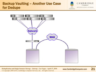 Backup Vaulting – Another Use Case
 for Dedupe




Deduplication and Single Instance Storage – Interop – Las Vegas – April 27, 2010
© Copyright 2009-2010, Cambridge Computer Services, Inc. All rights reserved.
                                                                                   www.CambridgeComputer.com   21
 