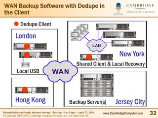 WAN Backup Software with Dedupe in
 the Client
               Dedupe Client

           London
                                                                              LAN

                                                                                              New York
                                                                Shared Client & Local Recovery
            Local USB                      WAN



          Hong Kong                                       Backup Server(s)                 Jersey City
Deduplication and Single Instance Storage – Interop – Las Vegas – April 27, 2010
© Copyright 2009-2010, Cambridge Computer Services, Inc. All rights reserved.
                                                                                    www.CambridgeComputer.com   32
 