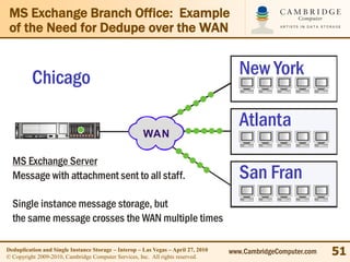 MS Exchange Branch Office: Example
 of the Need for Dedupe over the WAN


          Chicago                                                                    New York

                                                                                     Atlanta
                                                      WAN

  MS Exchange Server
  Message with attachment sent to all staff.                                         San Fran
  Single instance message storage, but
  the same message crosses the WAN multiple times

Deduplication and Single Instance Storage – Interop – Las Vegas – April 27, 2010
© Copyright 2009-2010, Cambridge Computer Services, Inc. All rights reserved.
                                                                                   www.CambridgeComputer.com   51
 