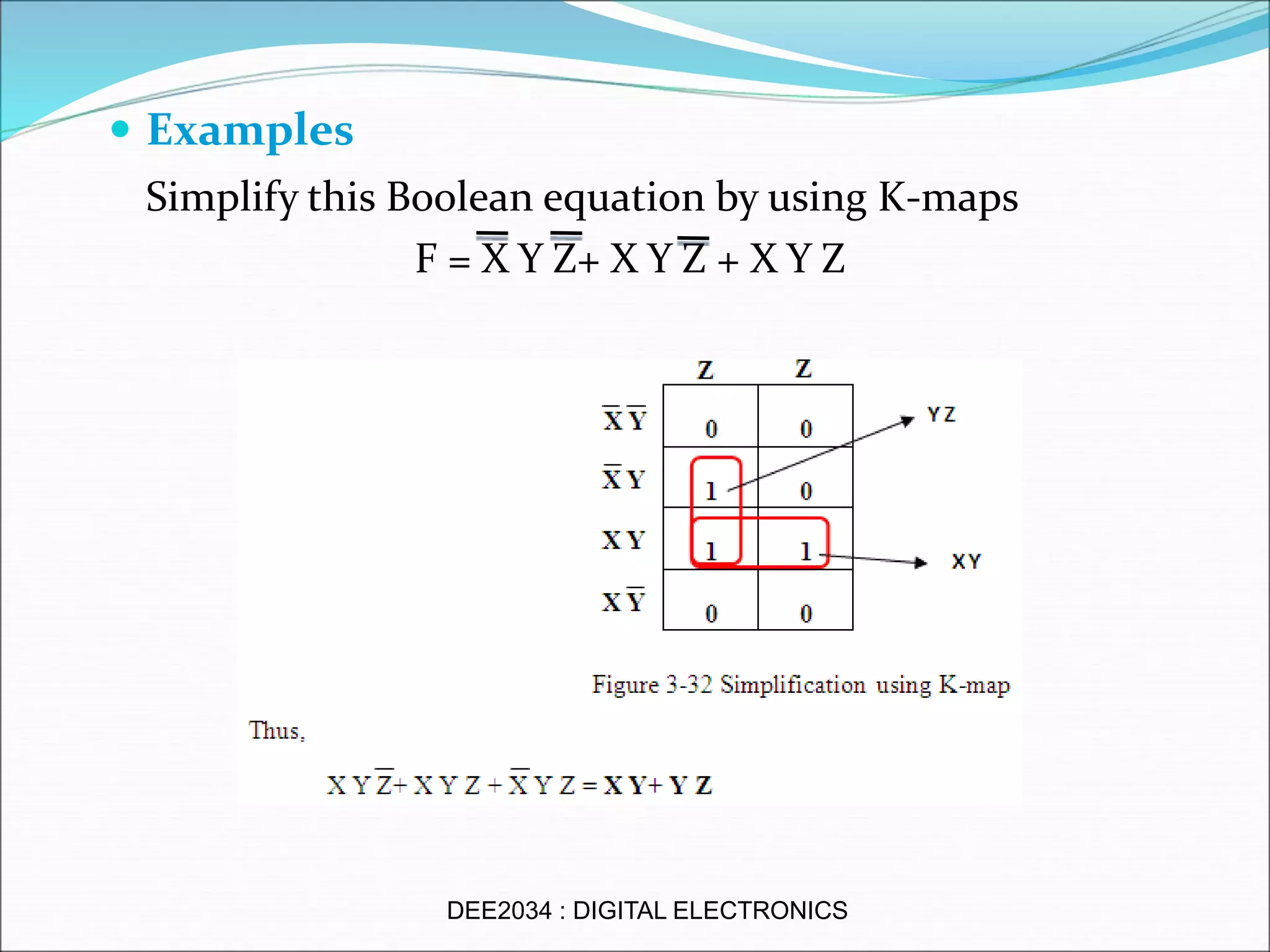  Examples
Simplify this Boolean equation by using K-maps
F = X Y Z+ X Y Z + X Y Z
DEE2034 : DIGITAL ELECTRONICS
 