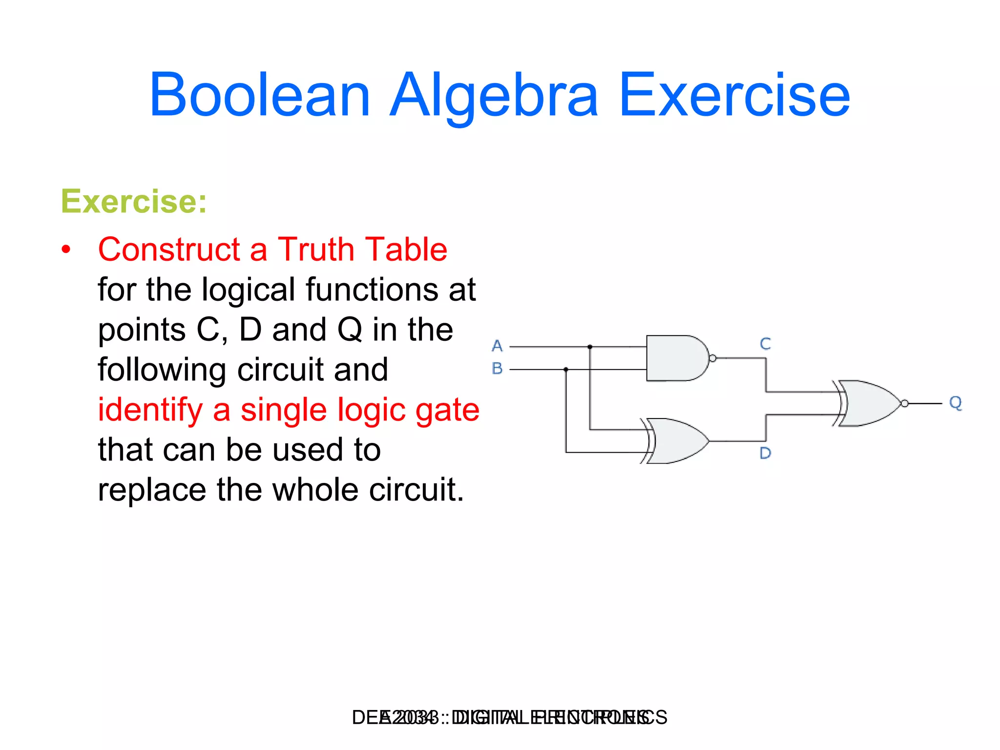 Boolean Algebra Exercise
Exercise:
• Construct a Truth Table
for the logical functions at
points C, D and Q in the
following circuit and
identify a single logic gate
that can be used to
replace the whole circuit.
DEA 2033 : DIGITAL PRINCIPLESDEE2034 : DIGITAL ELECTRONICS
 
