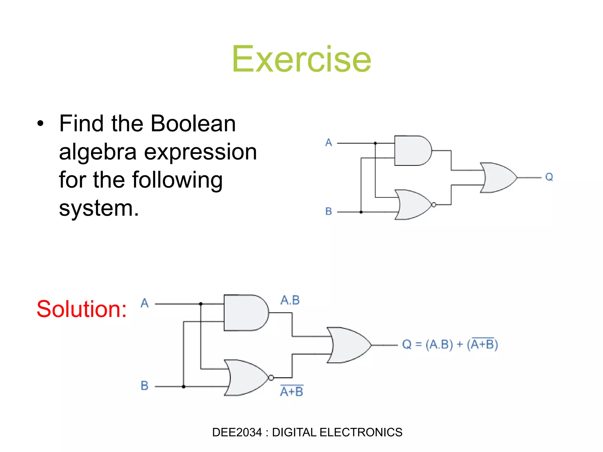 Exercise
• Find the Boolean
algebra expression
for the following
system.
Solution:
DEE2034 : DIGITAL ELECTRONICS
 