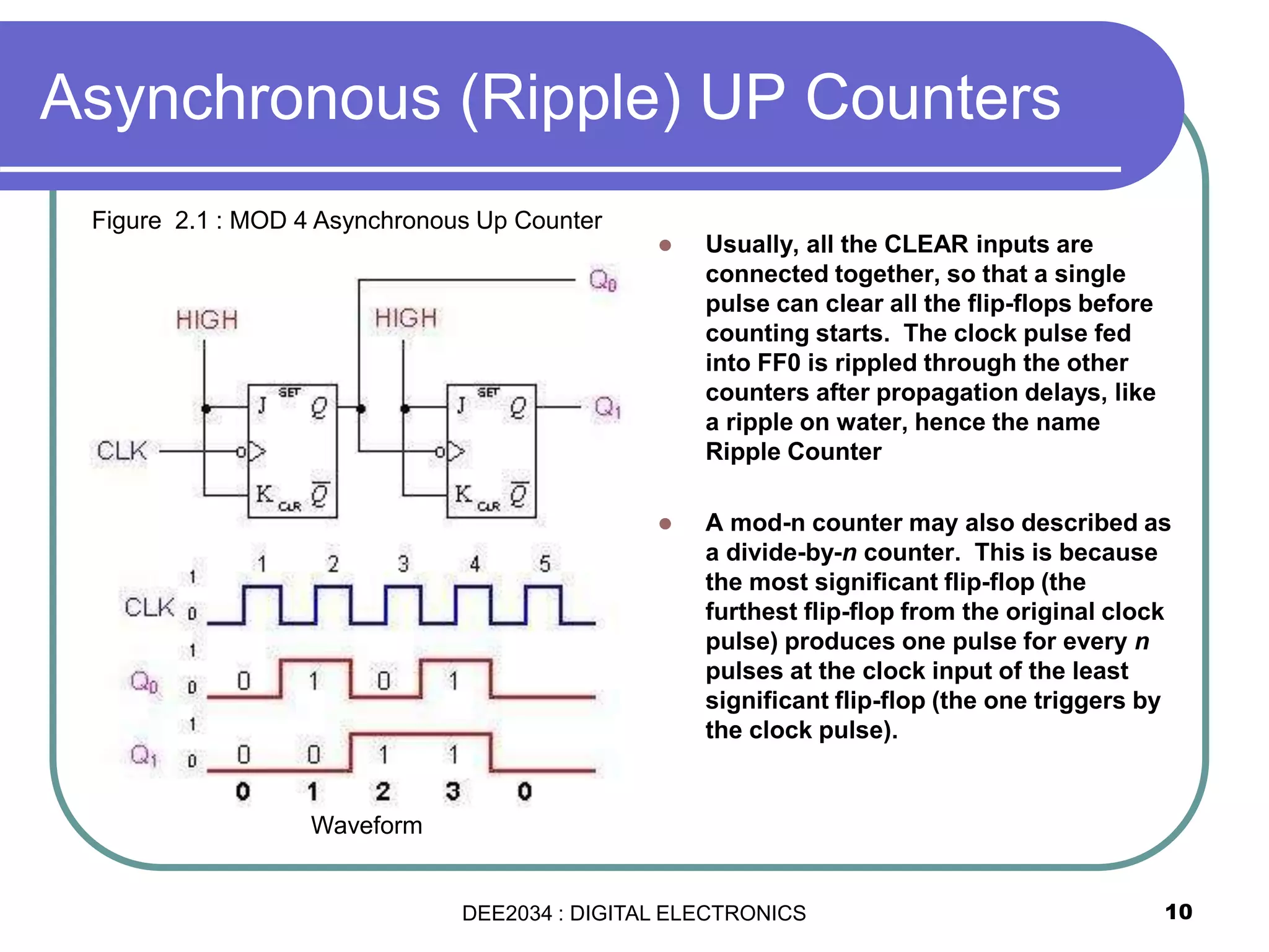 Asynchronous (Ripple) UP Counters
 Usually, all the CLEAR inputs are
connected together, so that a single
pulse can clear all the flip-flops before
counting starts. The clock pulse fed
into FF0 is rippled through the other
counters after propagation delays, like
a ripple on water, hence the name
Ripple Counter
 A mod-n counter may also described as
a divide-by-n counter. This is because
the most significant flip-flop (the
furthest flip-flop from the original clock
pulse) produces one pulse for every n
pulses at the clock input of the least
significant flip-flop (the one triggers by
the clock pulse).
10
Figure 2.1 : MOD 4 Asynchronous Up Counter
Waveform
DEE2034 : DIGITAL ELECTRONICS
 