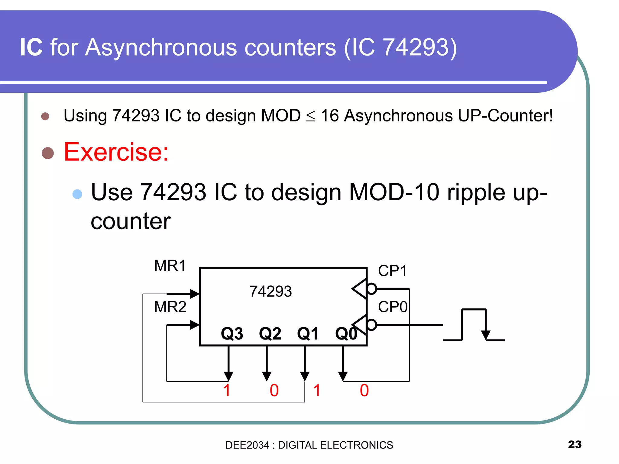 23
 Using 74293 IC to design MOD  16 Asynchronous UP-Counter!
 Exercise:
 Use 74293 IC to design MOD-10 ripple up-
counter
MR1
MR2
Q0Q1Q2Q3
CP0
CP1
74293
1 0 1 0
IC for Asynchronous counters (IC 74293)
DEE2034 : DIGITAL ELECTRONICS
 