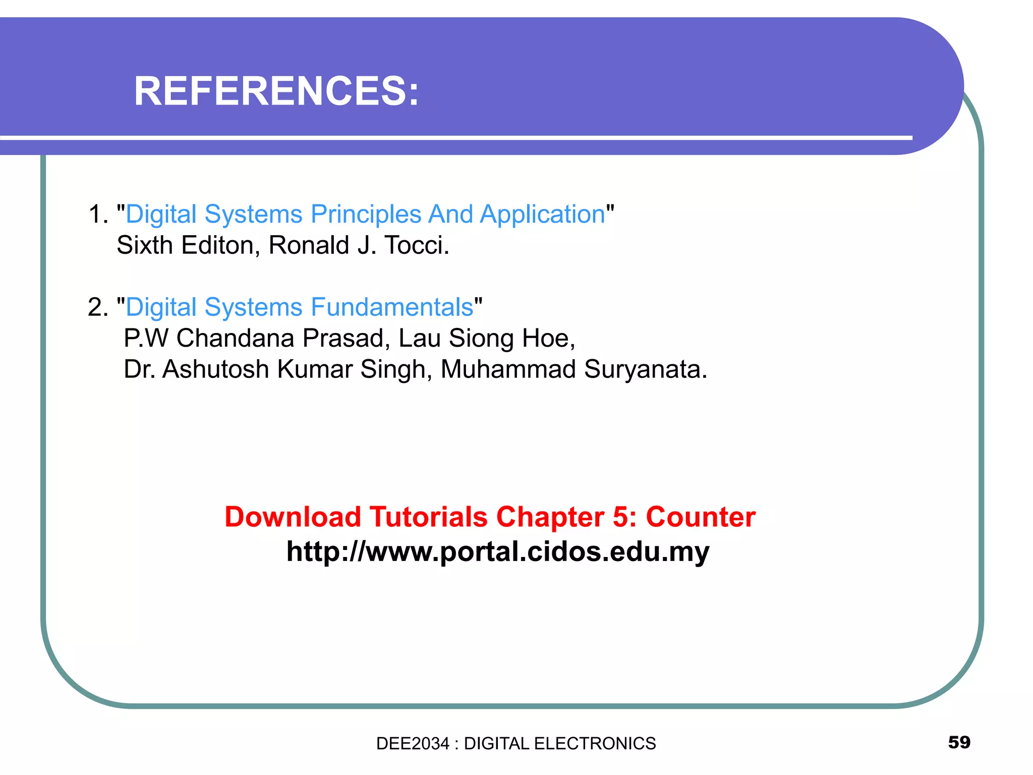 59
Download Tutorials Chapter 5: Counter
http://www.portal.cidos.edu.my
REFERENCES:
1. "Digital Systems Principles And Application"
Sixth Editon, Ronald J. Tocci.
2. "Digital Systems Fundamentals"
P.W Chandana Prasad, Lau Siong Hoe,
Dr. Ashutosh Kumar Singh, Muhammad Suryanata.
DEE2034 : DIGITAL ELECTRONICS
 
