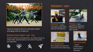 ‘Sport om bezig te zijn en te ontmoeten buiten
vereniging, werk en studie om’.
Belemmeringen van Joy
Drukte in de fitness en groepslessen, niet veilig en lessen op
andere tijden. Gezonde opties in de kantine en beperkte
spinningruimte.
Idealen van
Joy
Fitness: Meer
gewichten en apparaten.
Inspirerende ruimte en
alles centraal.
Kantine: Grotere
menukaart en gezondere
opties de hele dag door.
Schoonmaak
: Betere
schoonmaak en
komst van een
ideeënbox.
Groepslessen:
Meer spiegels of projecteren
van docent tot de verbouwing.
 
