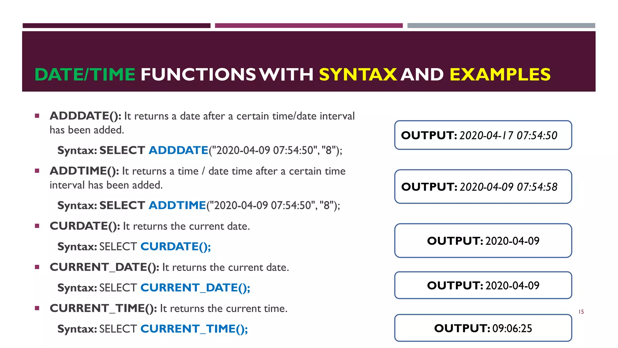 DATE/TIME FUNCTIONSWITH SYNTAX AND EXAMPLES  ADDDATE(): It returns a date after a certain time/date interval has been added. Syntax: SELECT ADDDATE("2020-04-09 07:54:50","8");  ADDTIME(): It returns a time / date time after a certain time interval has been added. Syntax: SELECT ADDTIME("2020-04-09 07:54:50", "8");  CURDATE(): It returns the current date. Syntax: SELECT CURDATE();  CURRENT_DATE(): It returns the current date. Syntax: SELECT CURRENT_DATE();  CURRENT_TIME(): It returns the current time. Syntax: SELECT CURRENT_TIME(); 15 OUTPUT: 2020-04-17 07:54:50 OUTPUT: 2020-04-09 07:54:58 OUTPUT: 2020-04-09 OUTPUT: 2020-04-09 OUTPUT: 09:06:25 