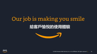 42© 2020 Amazon Web Services, Inc. or its affiliates. All rights reserved |
給客戶愉悅的使用體驗
Our job is making you smile
 