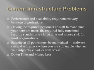  Performance and availability requirements vary
between organizations.
 Having the required personnel on staff to make sure
your network meets the required fully functional
security standards is a large time and money sink for
most organizations.
 Security at all points must be maintained — malware
can and will attack where you are vulnerable whether
via Endpoints, email, or web access.
 Down Time and Money Lost
 