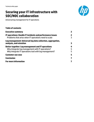 Technical white paper
Securing your IT infrastructure with
SOC/NOC collaboration
Universal log management for IT operations
Table of contents
Executive summary 2
IT operations: Handle IT incidents and performance issues 2
Problems that arise when IT operations need to scale 3
Log management: Universal log data collection, aggregation,
analysis, and retention 3
Better together: Log management and IT operations 4
Why integrate log management with IT operations? 5
Why integrate IT operations tool with log management? 5
Customer use case 5
Conclusion 7
For more information 7
 