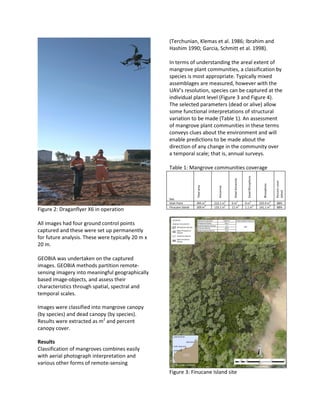 Figure 2: Draganflyer X6 in operation
All images had four ground control points
captured and these were set up permanently
for future analysis. These were typically 20 m x
20 m.
GEOBIA was undertaken on the captured
images. GEOBIA methods partition remote-
sensing imagery into meaningful geographically
based image-objects, and assess their
characteristics through spatial, spectral and
temporal scales.
Images were classified into mangrove canopy
(by species) and dead canopy (by species).
Results were extracted as m2
and percent
canopy cover.
Results
Classification of mangroves combines easily
with aerial photograph interpretation and
various other forms of remote-sensing
(Terchunian, Klemas et al. 1986; Ibrahim and
Hashim 1990; Garcia, Schmitt et al. 1998).
In terms of understanding the areal extent of
mangrove plant communities, a classification by
species is most appropriate. Typically mixed
assemblages are measured, however with the
UAV’s resolution, species can be captured at the
individual plant level (Figure 3 and Figure 4).
The selected parameters (dead or alive) allow
some functional interpretations of structural
variation to be made (Table 1). An assessment
of mangrove plant communities in these terms
conveys clues about the environment and will
enable predictions to be made about the
direction of any change in the community over
a temporal scale; that is, annual surveys.
Table 1: Mangrove communities coverage
Site Totalarea
Avicennia
DeadAvicennia
DeadRhizophora
Rhizophora
Percentcover
(alive)
Utah Point 495 m2
212.1 m2
0 m2
0 m2
225.9 m2
88%
Finucane Island 309 m2
133.1 m2
11 m2
1.1 m2
141.1 m2
88%
Figure 3: Finucane Island site
 