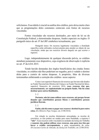 100
solicitamos. Essa tabela é crucial na análise dos créditos, pois deixa muito claro
que as programações deles constantes contavam com fontes de recursos
vinculadas.
Fontes vinculadas são recursos destinados, por meio de lei ou da
Constituição Federal, a determinadas despesas, fundos especiais ou órgãos. O
parágrafo único do art. 8º da LRF estabelece textualmente, que:
Parágrafo único. Os recursos legalmente vinculados a finalidade
específica serão utilizados exclusivamente para atender ao objeto de sua
vinculação, ainda que em exercício diverso daquele em que ocorrer o
ingresso.
Logo, independentemente de qualquer discussão prévia, os créditos
atendiam justamente esse dispositivo, cuja exigência de observação é explícita
no art. 4º da LOA 2015.
Tendo havido demandas dos órgãos beneficiários das citadas fontes
vinculadas, os créditos não lhes poderiam ser negados, pois é vedado o destino
delas para o custeio de outras despesas. A propósito, falas de diversas
testemunhas enfatizando a correção dos créditos nesse aspecto:
Como é um superávit financeiro de recursos que haviam sido doados
ao Fundo Nacional dos Direitos da Criança e ao Fundo Nacional do Idoso,
superávit financeiro do exercício 2014, esses recursos têm que,
necessariamente, ser suplementados no próprio fundo. Não há como
destinar para outras finalidades.
[...]
Portanto, não há como utilizar esses recursos, até porque foram
doações que contribuintes pessoas físicas e contribuintes pessoas
jurídicas fizeram.
[...]
Então, não há como se pegar esse recurso e destiná-lo para outra
coisa. (Ex-Ministro Pepe Vargas, em 21/06/2016).
Em relação às receitas diretamente arrecadadas, as receitas de
convênios, se elas podem ser usadas para outra finalidade, a resposta é
"não". Esses recursos estão vinculados às unidades da Justiça do Trabalho
e somente elas podem utilizar esses recursos, mas para isso têm que
haver o crédito correspondente, a parte orçamentária da coisa.
(Sr.Luciano Carlos de Almeida, da Justiça do Trabalho, em 22/06/2016)
 