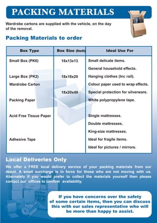 Wardrobe cartons are supplied with the vehicle, on the day
of the removal.
Packing Materials to order
Box Type Box Size (Inch) Ideal Use For
Small Box (PK6)
Large Box (PK2)
Wardrobe Carton
Packing Paper
Acid Free Tissue Paper
Adhesive Tape
18x13x13
18x18x20
18x20x49
Small delicate items.
General household effects.
Hanging clothes (Inc rail).
Colour paper used to wrap effects.
Special protection for silverware.
White polypropylene tape.
Single mattresses.
Double mattresses.
King-size mattresses.
Ideal for fragile items.
Ideal for pictures / mirrors.
Local Deliveries Only
We offer a FREE local delivery service of your packing materials from our
depot. A small surcharge is in force for those who are not moving with us.
Alternately if you would prefer to collect the materials yourself then please
contact our offices to confirm availability.
If you have concerns over the safety
of some certain items, then you can discuss
this with our sales representative who will
be more than happy to assist.
 