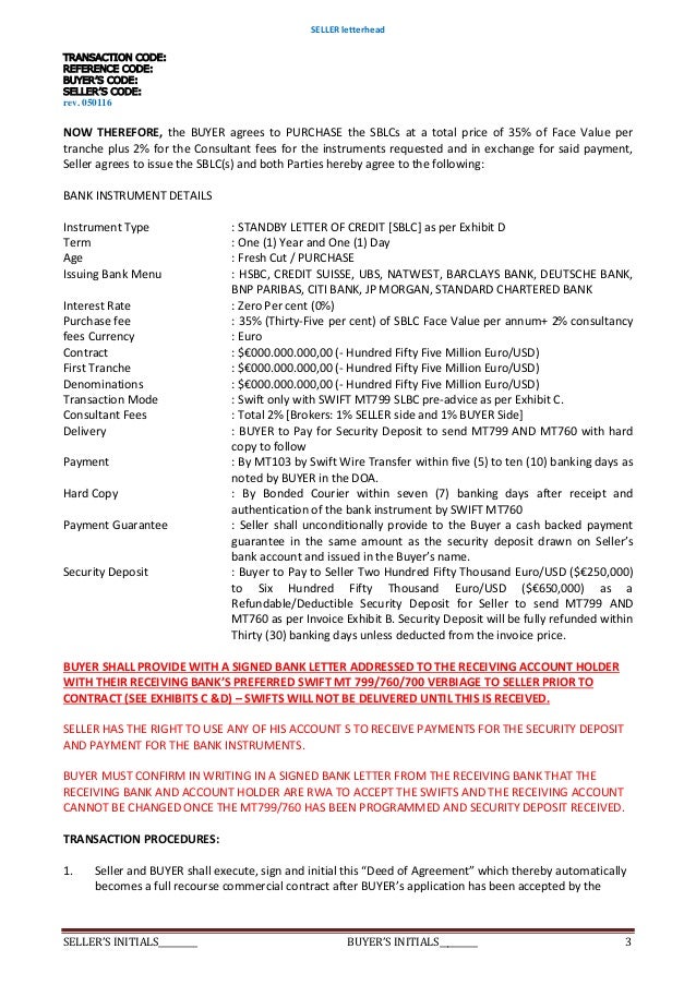 credit payment under letter of Agreement Payment RWA Guarantee 2 Purchase of SBLC Deed 35 credit payment under letter of Agreement Payment RWA Guarantee 2 Purchase of SBLC Deed 35