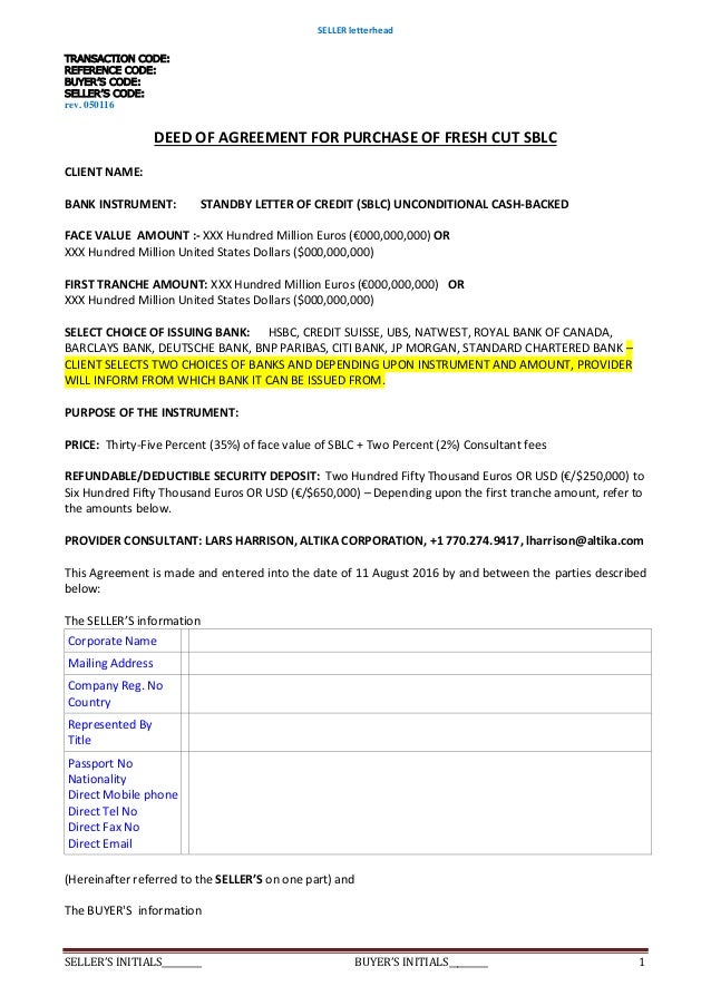 deed of agreement purchase sblc 35 2 rwa security d eposit negative audit opinion