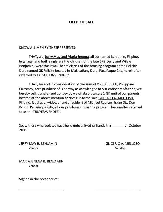 Deed of sale sample | PDF