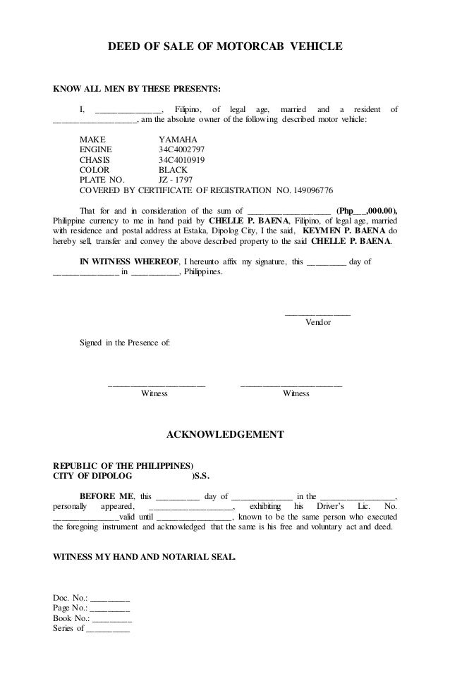 Philippines Deed Of Sale Of Motor Vehicle Form Download Printable Pdf ...